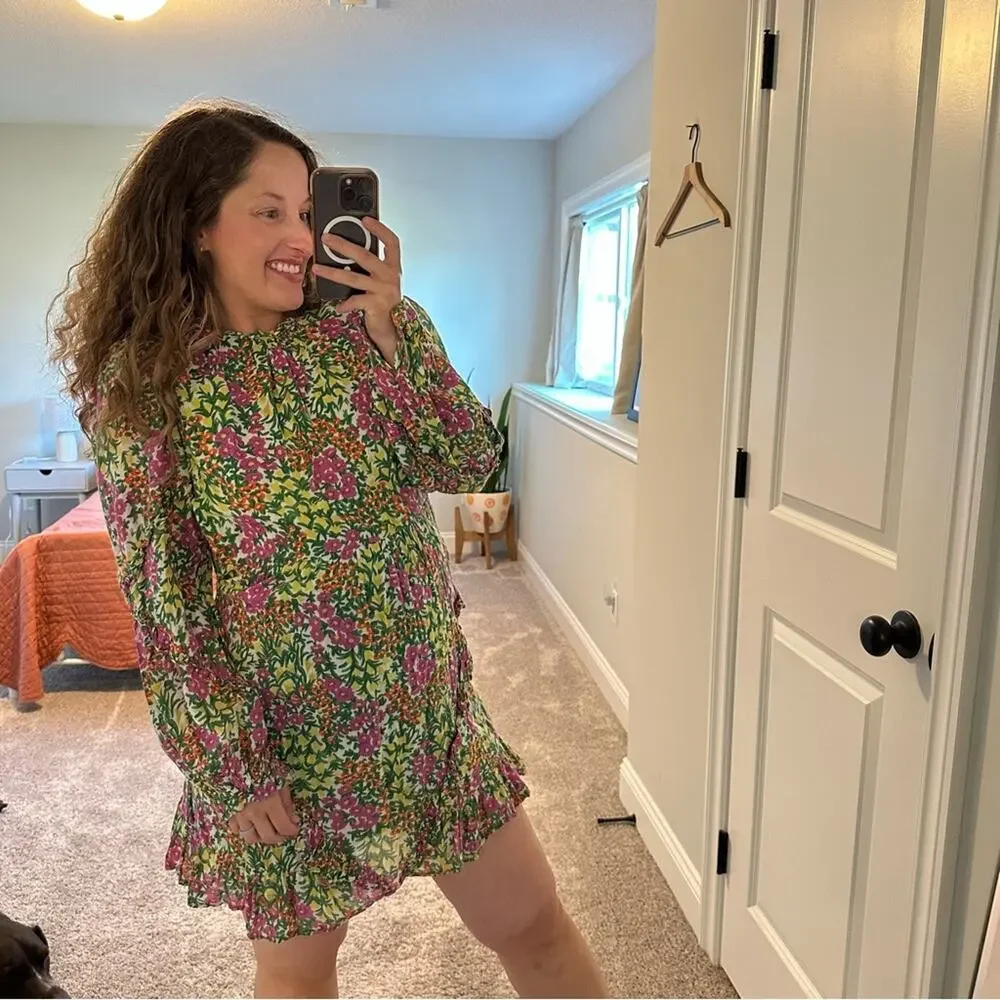 Tuckernuck Banjanan Green Pink Botanical Floral Cotton Long Sleeve Mini Dress S